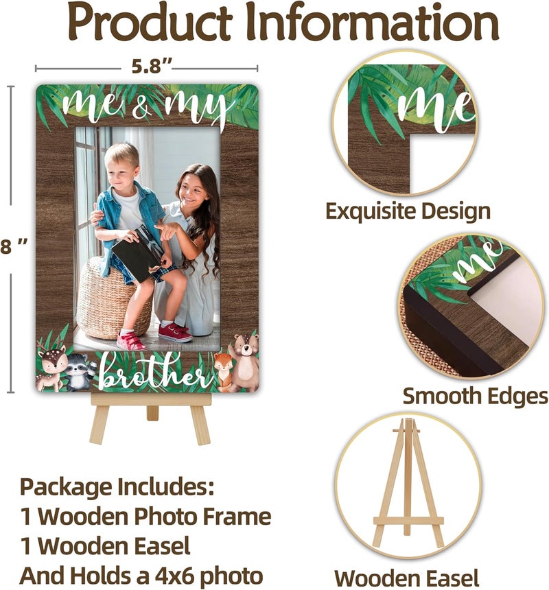 OXRUN Woodland Animals Photo Frame, Me & My Brother Wooden Picture Frame with Easel, 4x6 Photo Insert, Newborn Gifts, Nursery Decor - A03 - Image 2